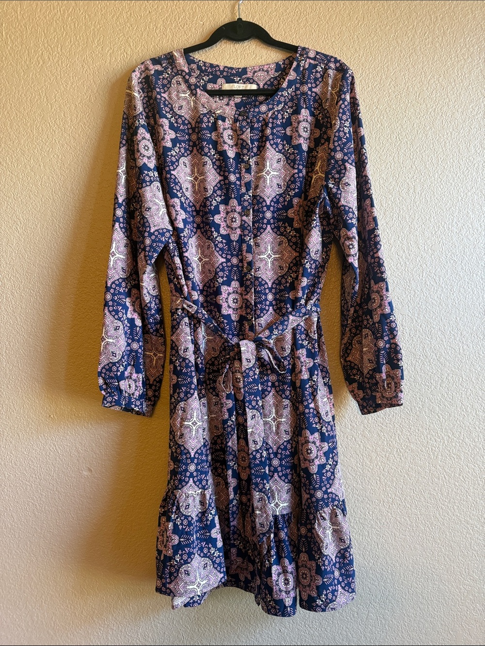 LOFT Navy and Pink Long Sleeve Belted Dress
